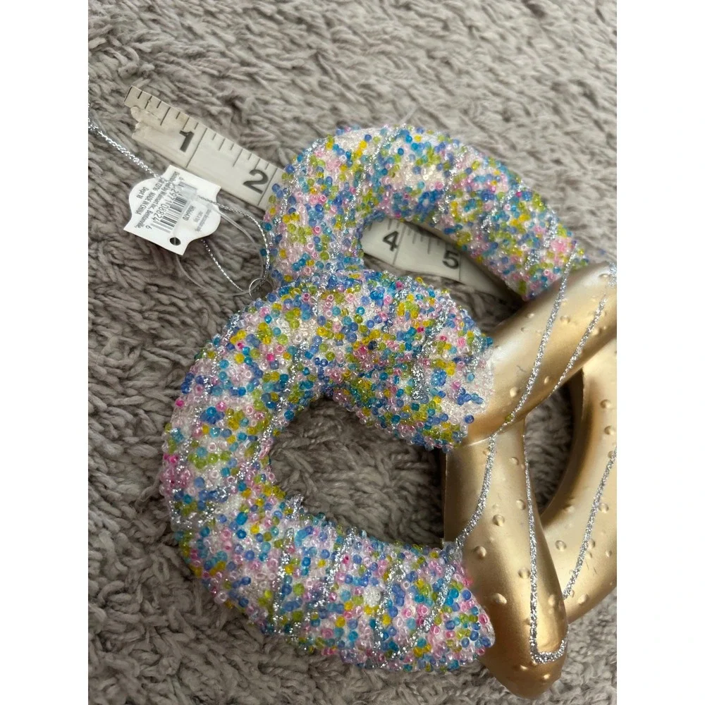 Holiday Time Gold Beaded Pretzel Christmas Ornament Multi Color Pastel Glitter